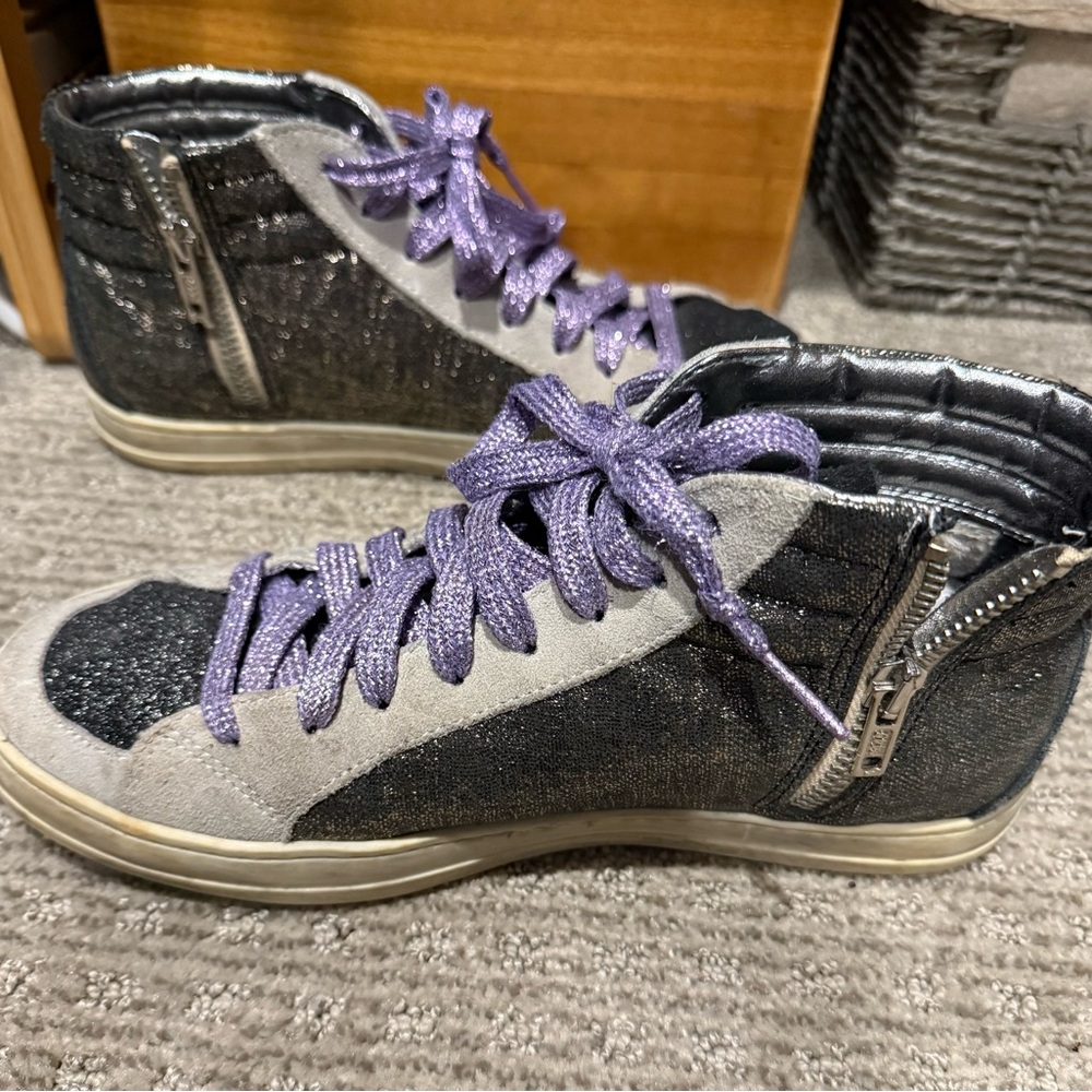 P448 Women's Black and Gray High-Top Sneakers with Purple Laces